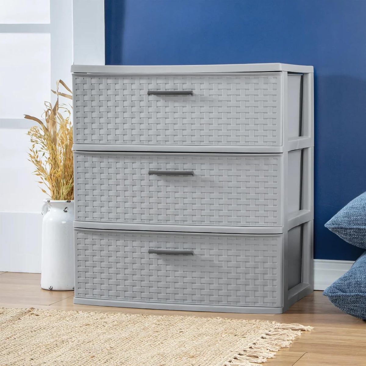Sterilite Wide 3 Drawer Storage Tower, Weave Pattern, Cement, 2-Pack