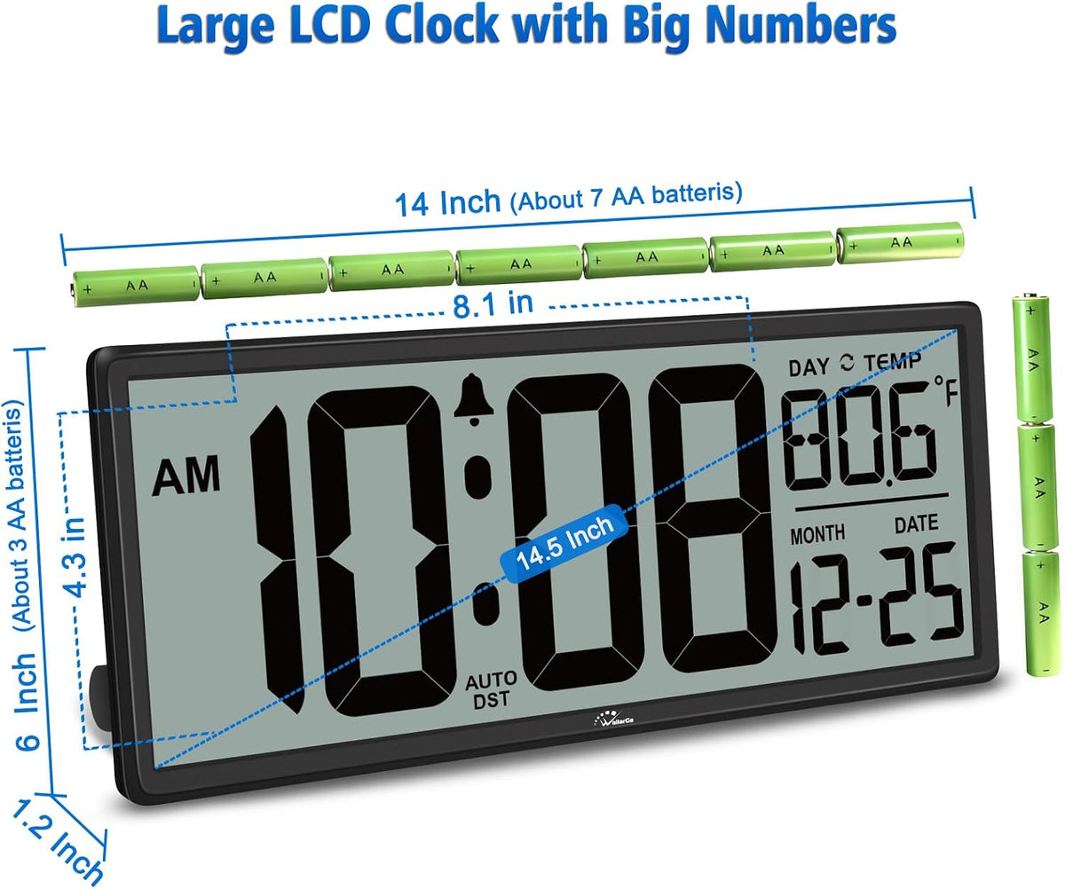 wallarge 14.5'' large digital wall clock battery operated showing dimensions