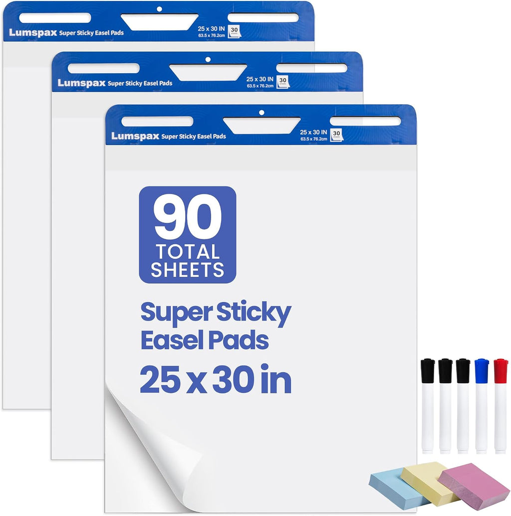 Lumspax Sticky Easel Pads 25x30 In, 3 Pack Large Self Stick Flip Chart Paper