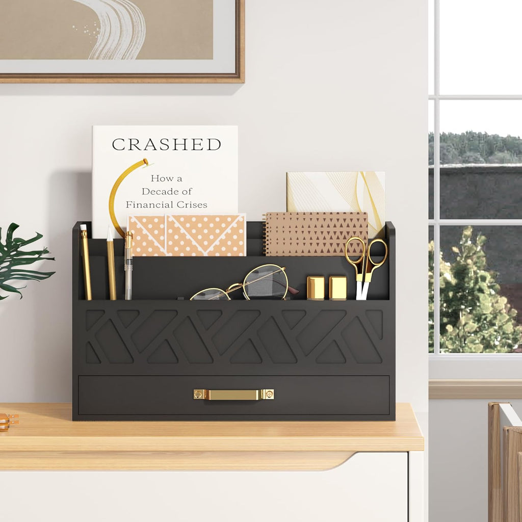 WISUCART Bamboo Mail Organizer Countertop Wood Desk Organizer Drawer Tabletop