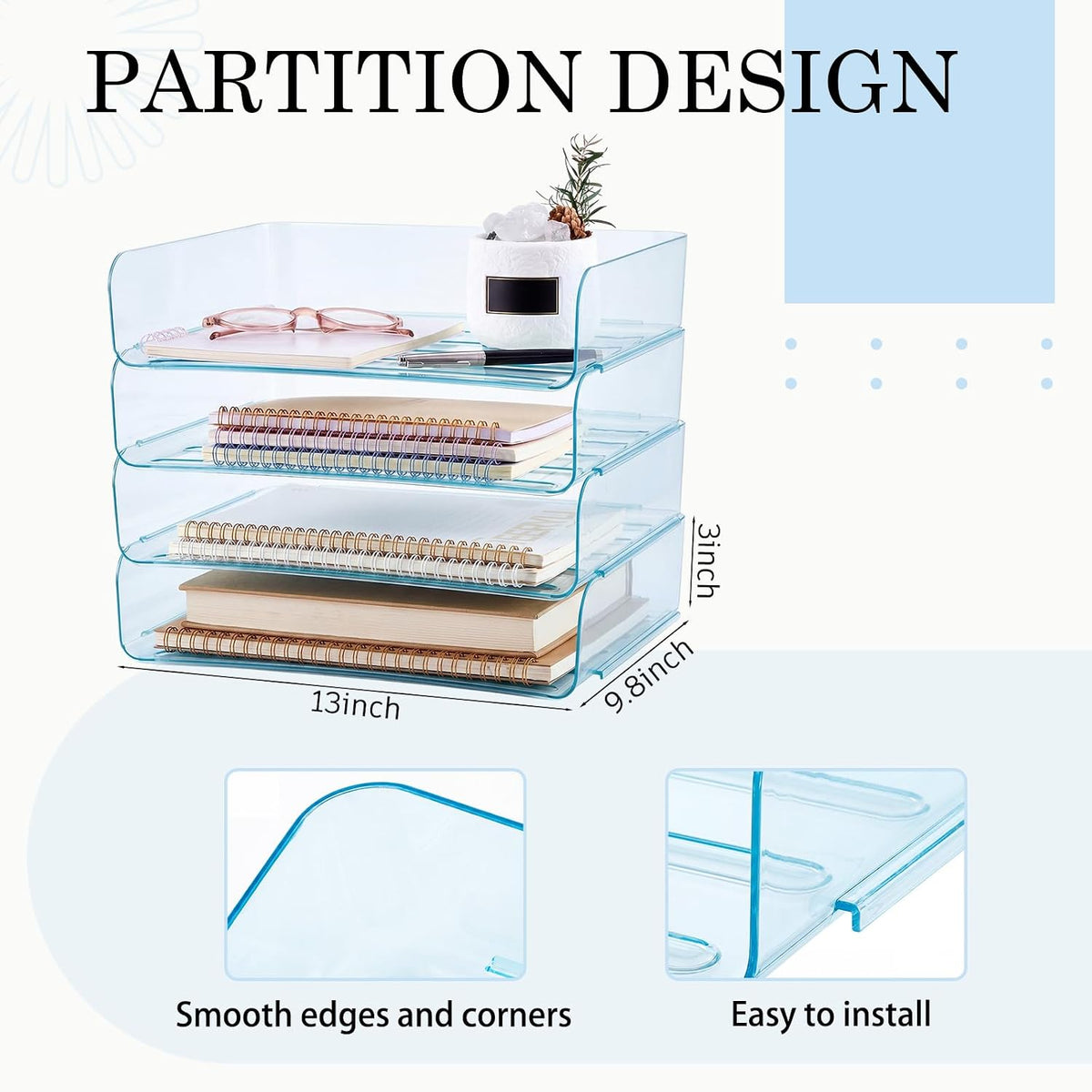 Harloon 4 Tier Clear Blue Acrylic Paper Organizer Letter Tray, Aesthetic Stac...