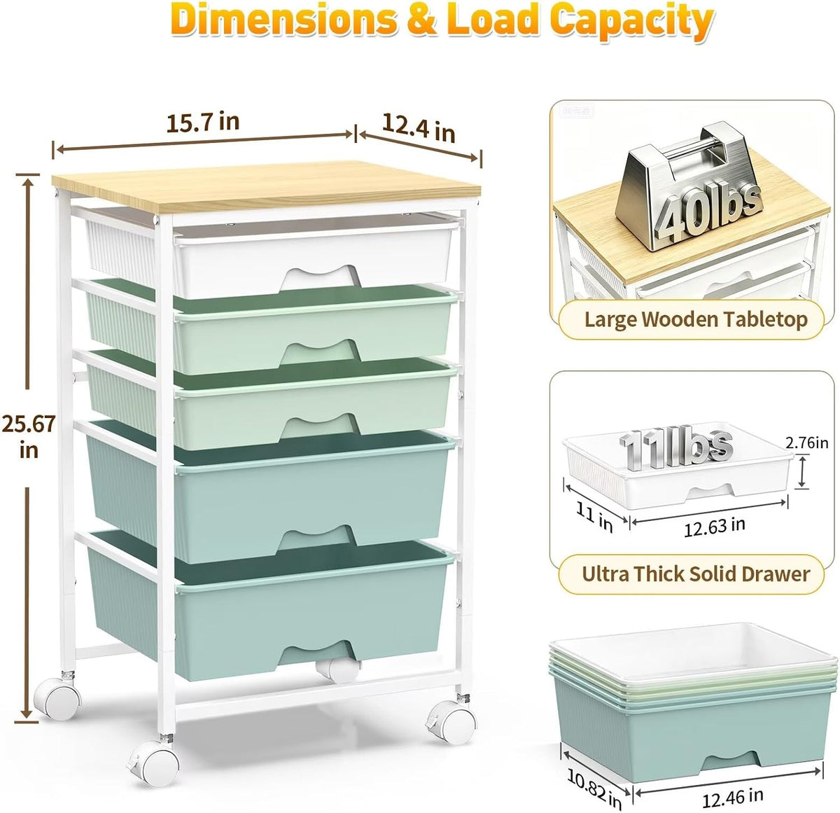 SUNALLY Rolling Carts With 5 Drawers, Storage Drawer Carts for Craft, Green