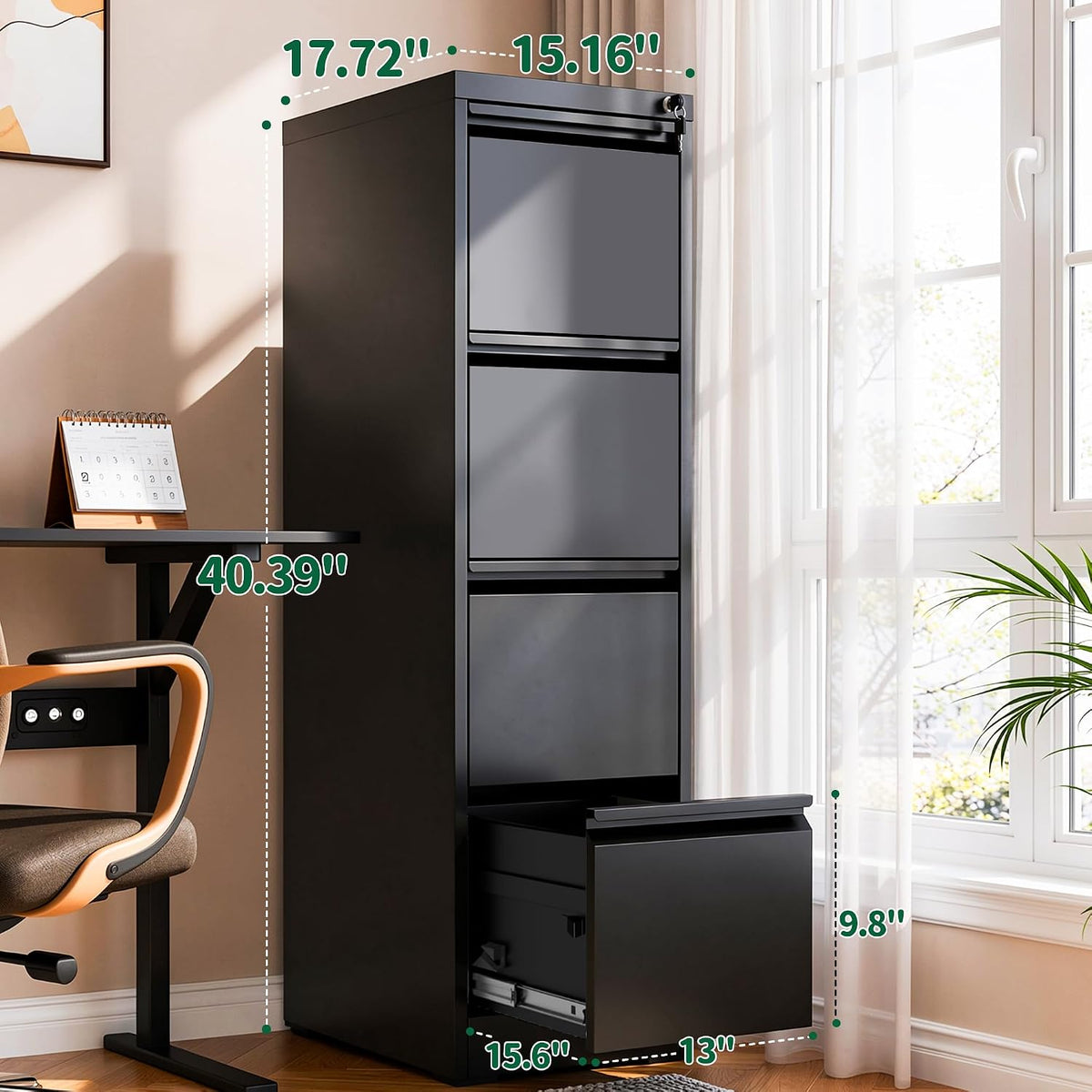 file cabinet 4 drawer with lock, vertical filing, close-up detail