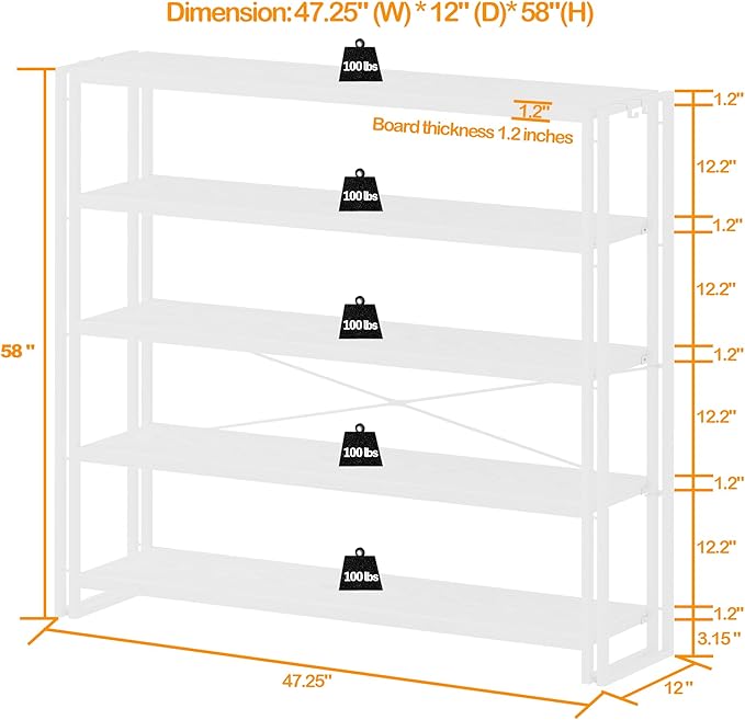 HCHQHS Bookshelf, 5-Tier Industrial Bookcase, Freestanding Tall Bookshelves - Image 3