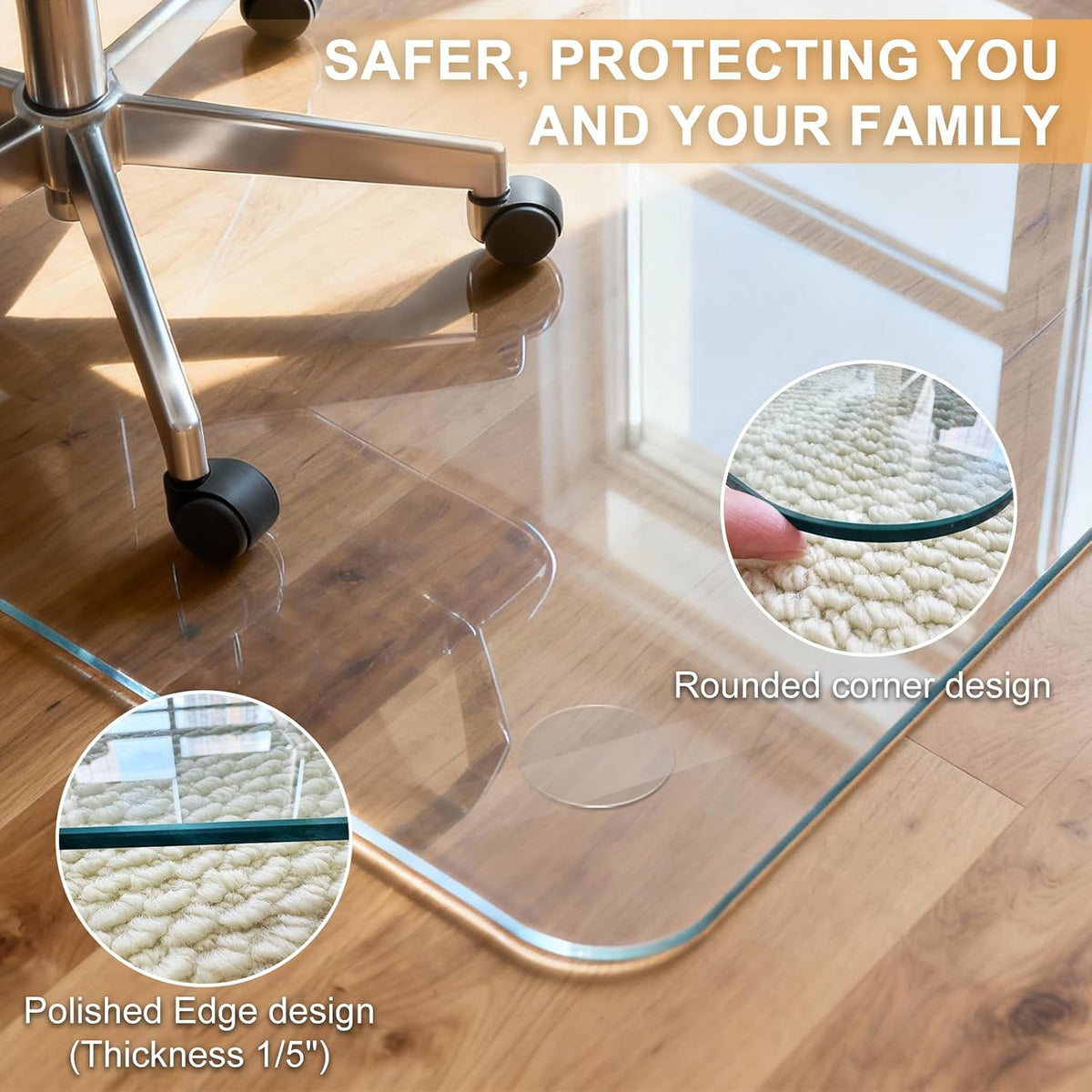 Azadx Tempered Glass Chair Mat for Carpet 32" x 48" Heavy Duty Chair Mat | 1/5" Thick for Carpeted Floor/Hard Floor Easy Glide Carpet Protector with Round Corner and Polished Edge, Scratch-Resistant