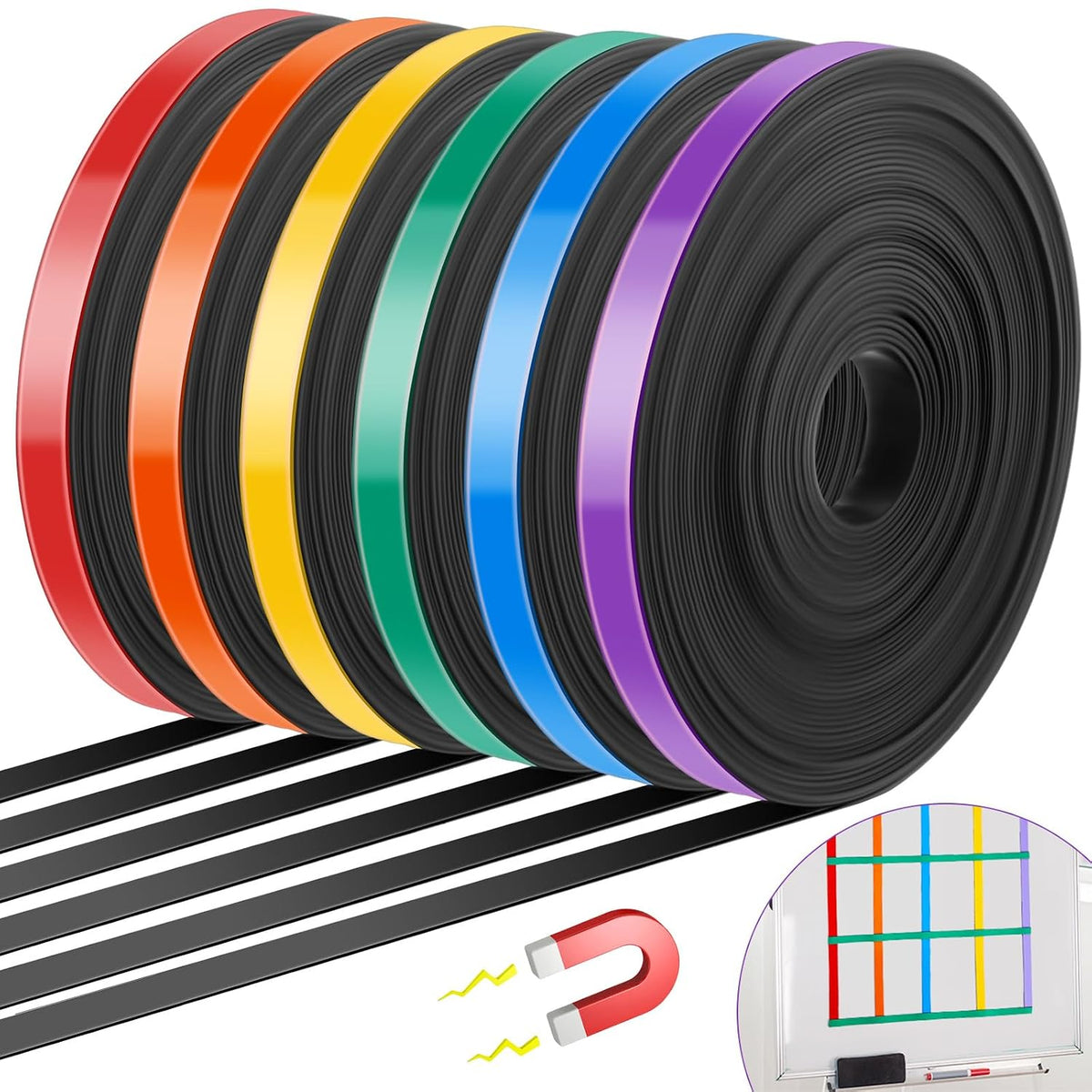 6 Rolls Mixcolor Magnetic Tape Roll Thin Strips, 2/5 Inch x 33 ft