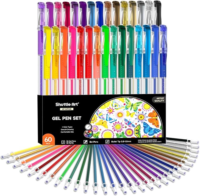 Shuttle Art Gel Pens, 60 Pack Gel Pen Set 30 Colored Gel Pen by ShuttleArt