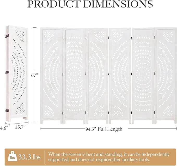 66.9Inch Folding Room Divider, 6 Panels Wood Carved Privacy Screens, Free - Image 4