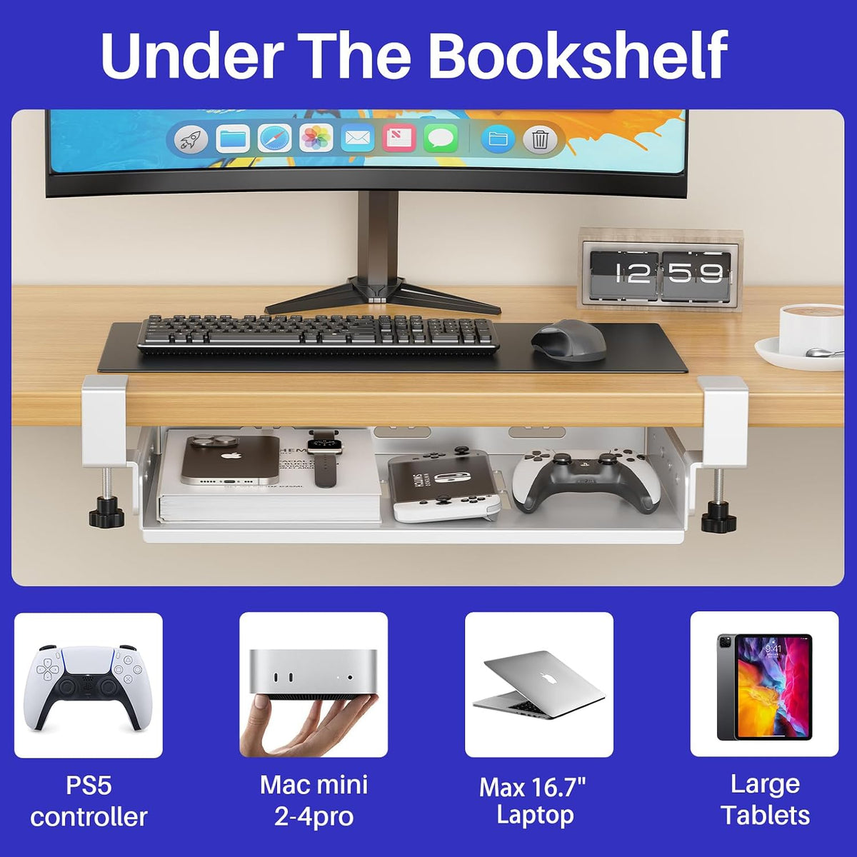 BYMECOST No Drill Under Desk Laptop Mount, Metal Under Desk Storage Shelf