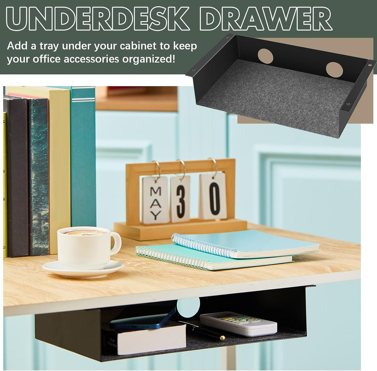 Yaocom 2 Pack Under Desk Hanging Shelf, Carbon Steel Storage Tray with Mute F...