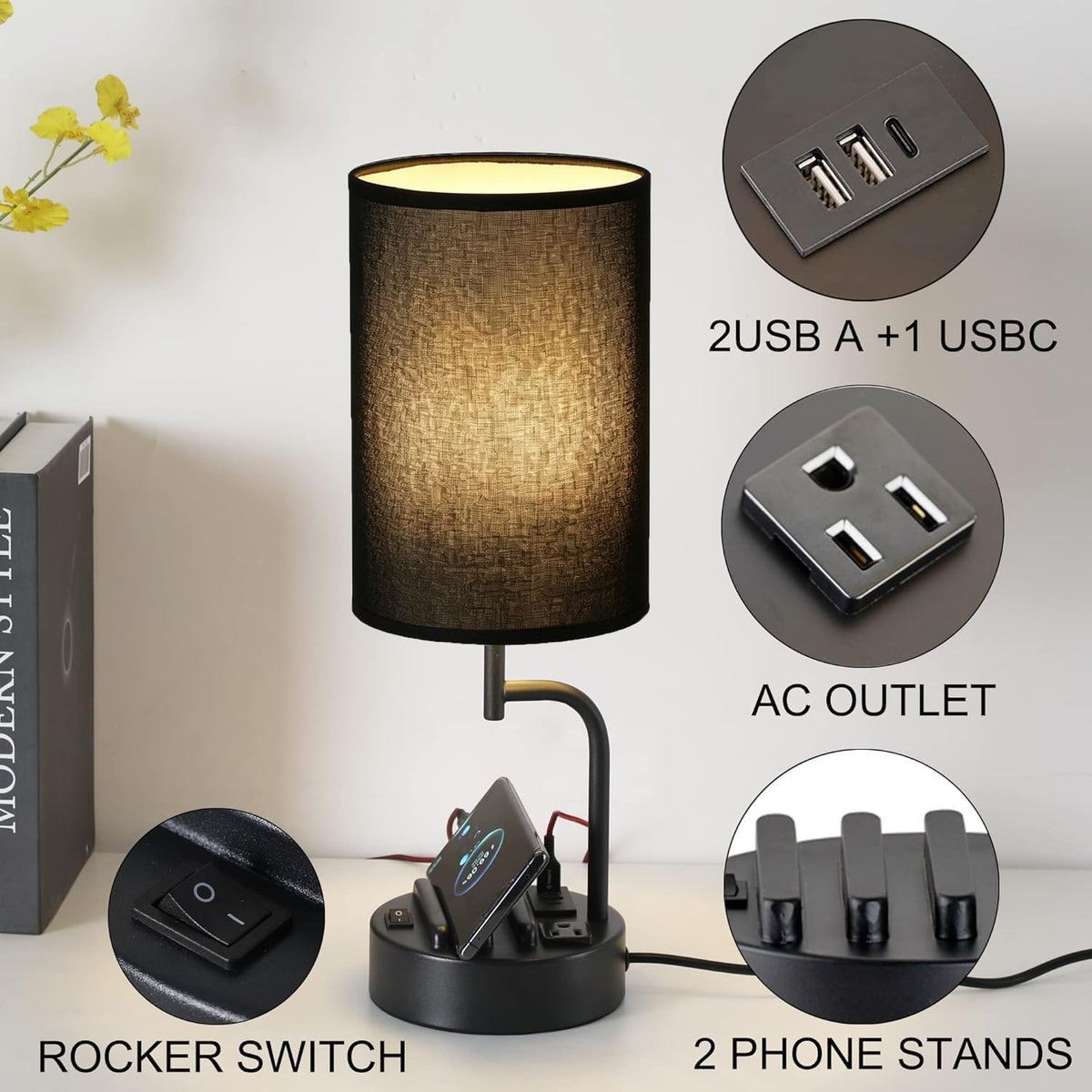 Dreamholder Table Lamp with 3 USB Charging Ports, Modern Desk Lamp with AC Ou...