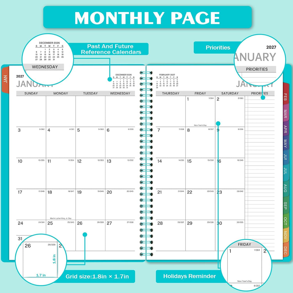2027 Weekly Appointment Book & Planner - Daily Hourly Planner 2027, 9" x 11", January 2027 - December 2027, 30-Minute Interval, Lay - Flat, Spiral Binding, Thick Paper - Teal Green