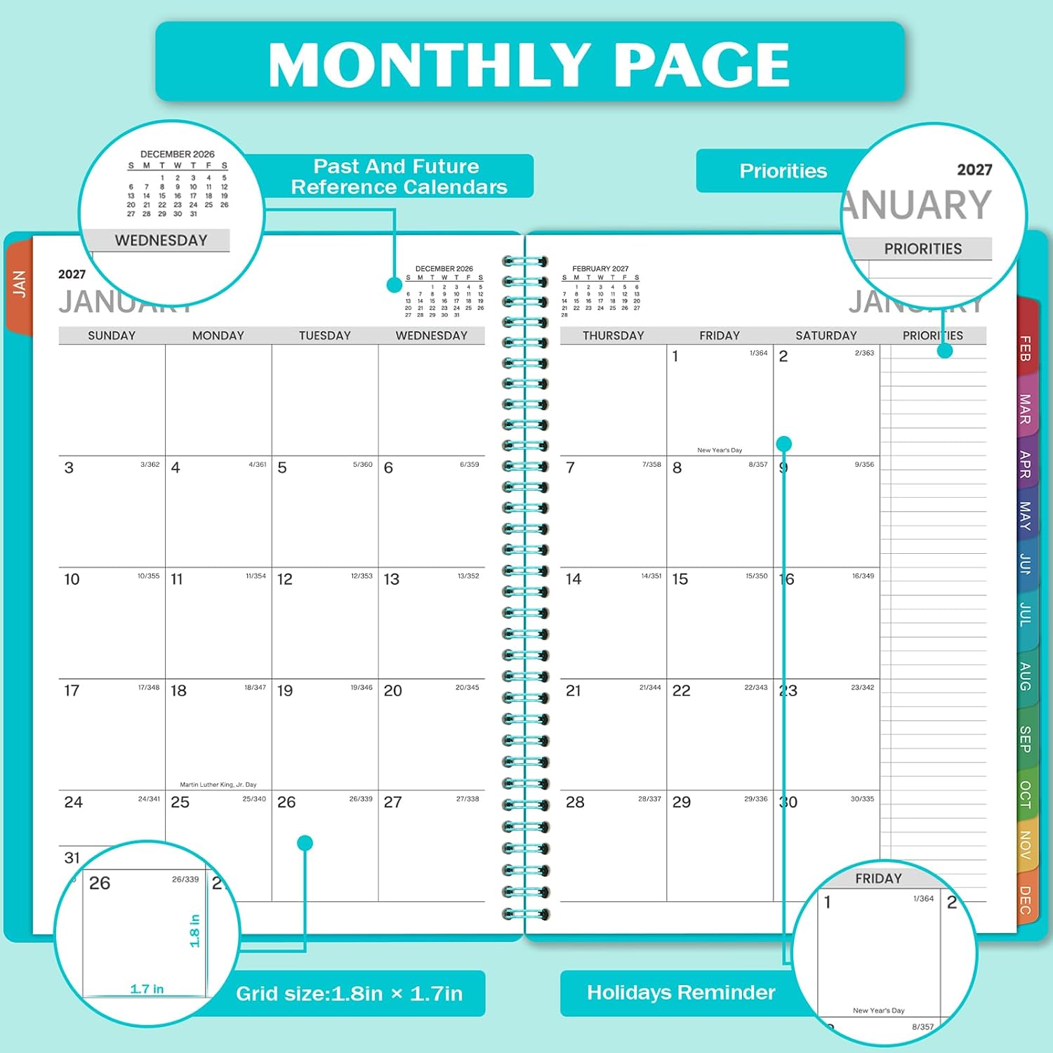 2027 Weekly Appointment Book & Planner - Daily Hourly Planner 2027, 9" x 11", January 2027 - December 2027, 30-Minute Interval, Lay - Flat, Spiral Binding, Thick Paper - Teal Green