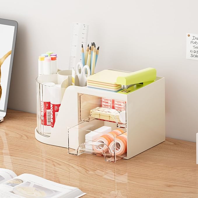 Marbrasse Desk Organizer with 2 Drawer, 360°Rotating Pen Holder, Desk - Image 4