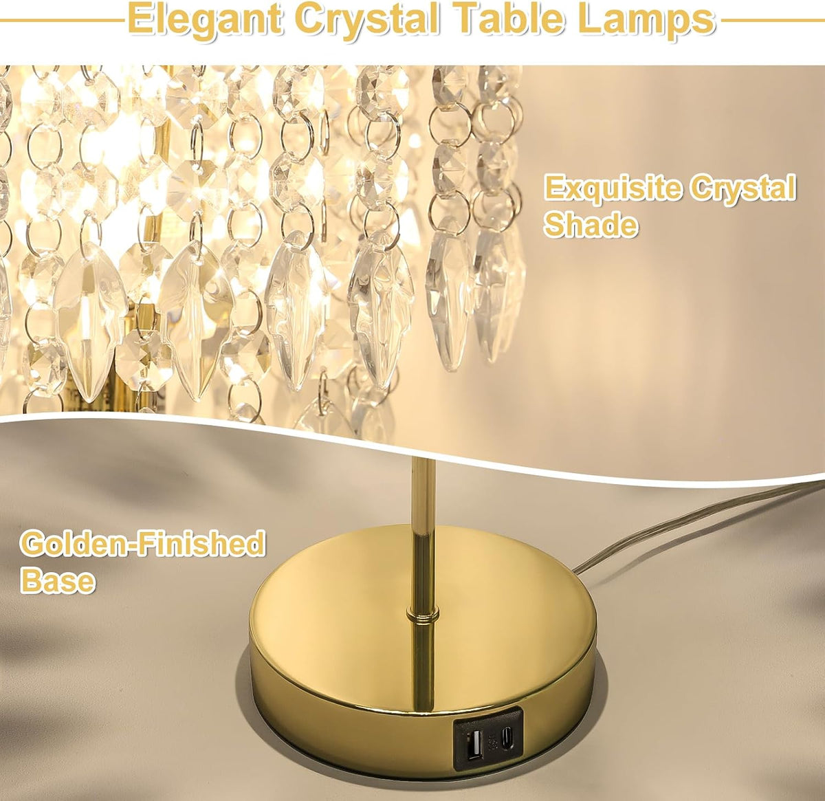 Crystal Table Lamp Set of 2, 3-Way Dimmable Nightstand Lamp with 2 USB Chargi...