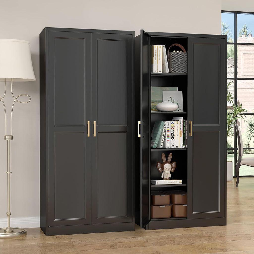 steeloong 71"metal pantry storage cabinet with doors & shown in use