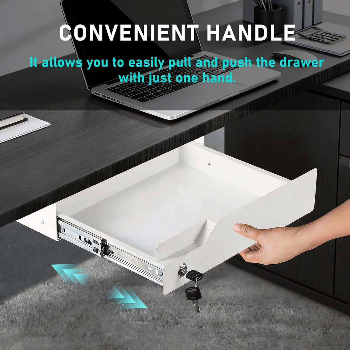 Under Desk Drawer Storage with Lock, Metal Undermount Table Drawer, Ball Bear...