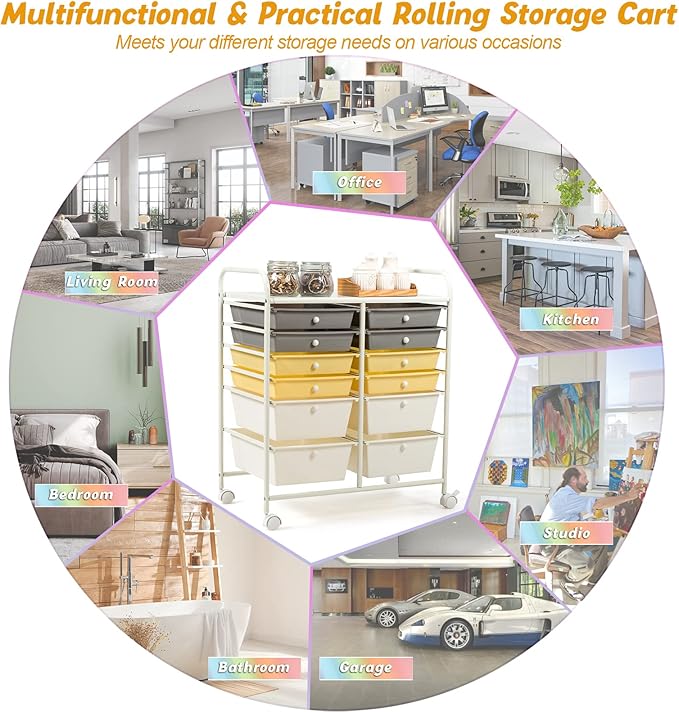 Happygrill 12-Drawer Rolling Storage Cart, 2 Sizes Plastic Drawers & Metal Shelf - Image 5