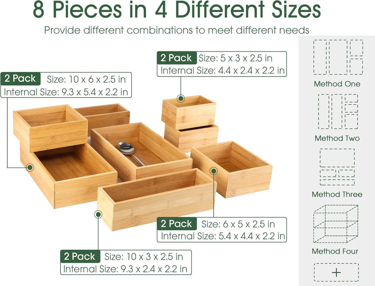 Kootek 8Pcs Bamboo Drawer Organizer 4-Size Kitchen Storage Box for Flatware