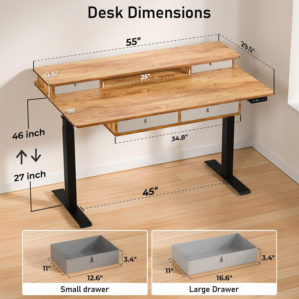 55 x 30 Inch Electric Standing Desk with 4 Drawers, Light Rustic