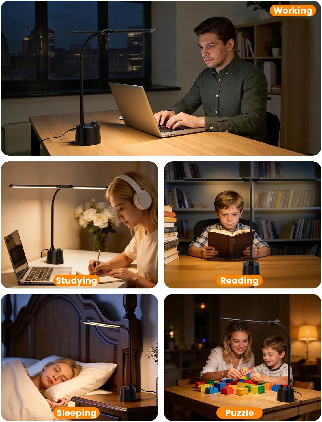 Desk Lamp with USB Charging Ports, Dual Head Adjustable 5 Color Dimmable
