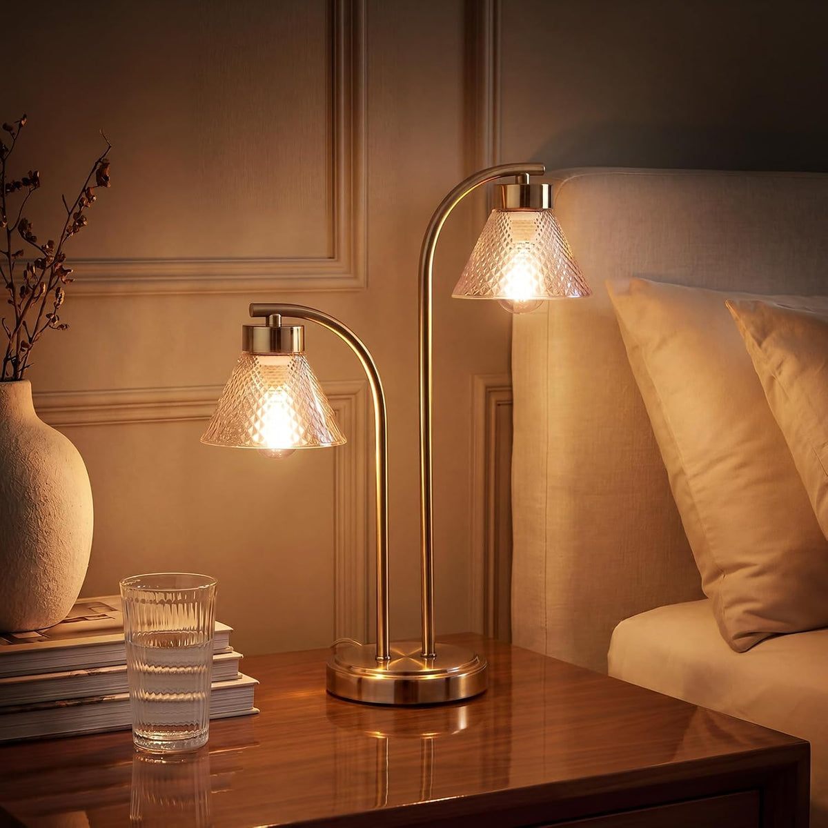 Mid Century Modern Gold Lamp for Bedroom, Amber