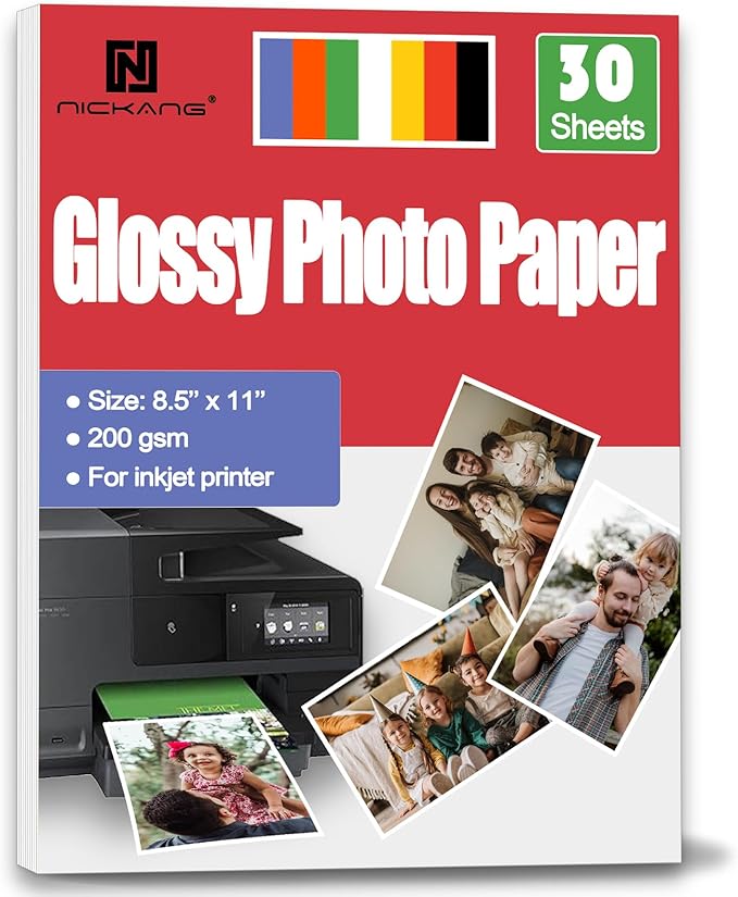 NICKANG Glossy Photo Paper 8.5x11, 53 LB/200 gsm, 30 Sheets, Letter Size by NICKANG