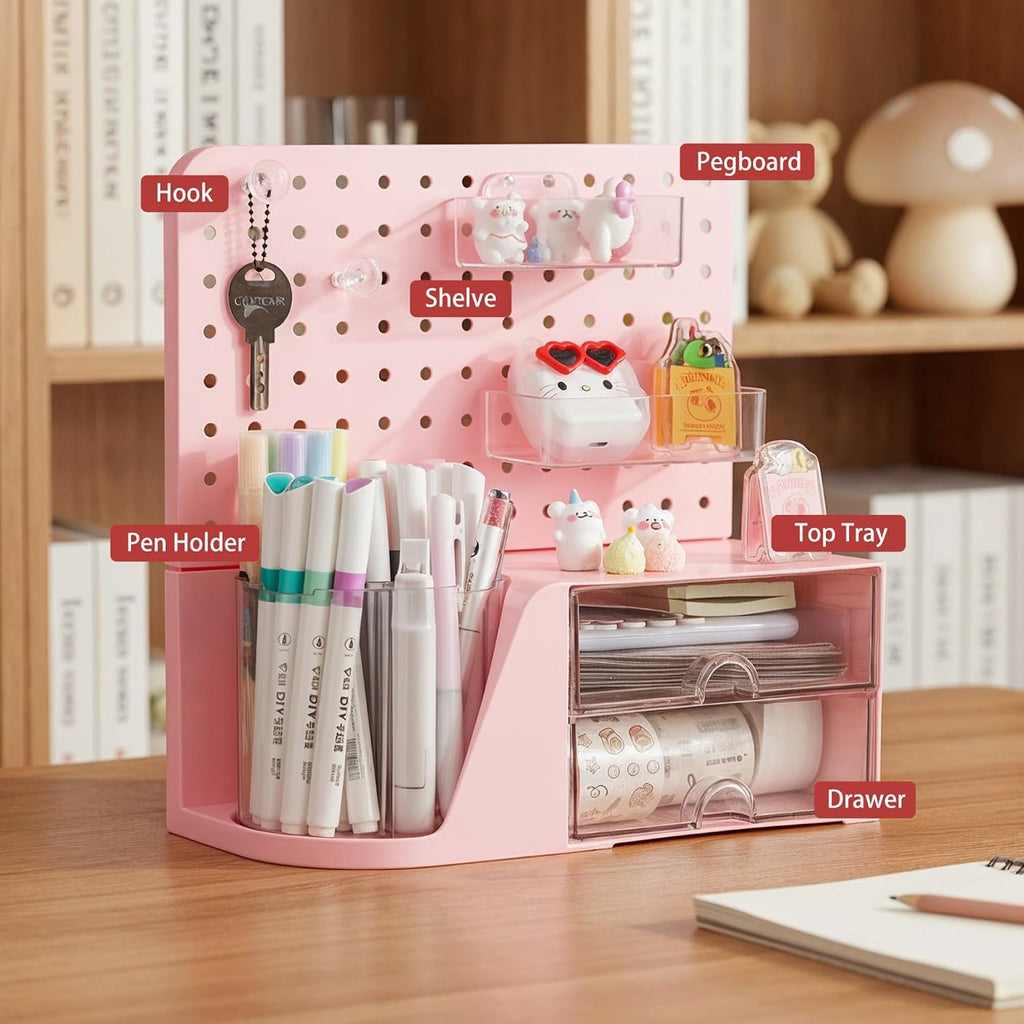 comix desk organizer with 2 drawer, pink 360°, close-up detail