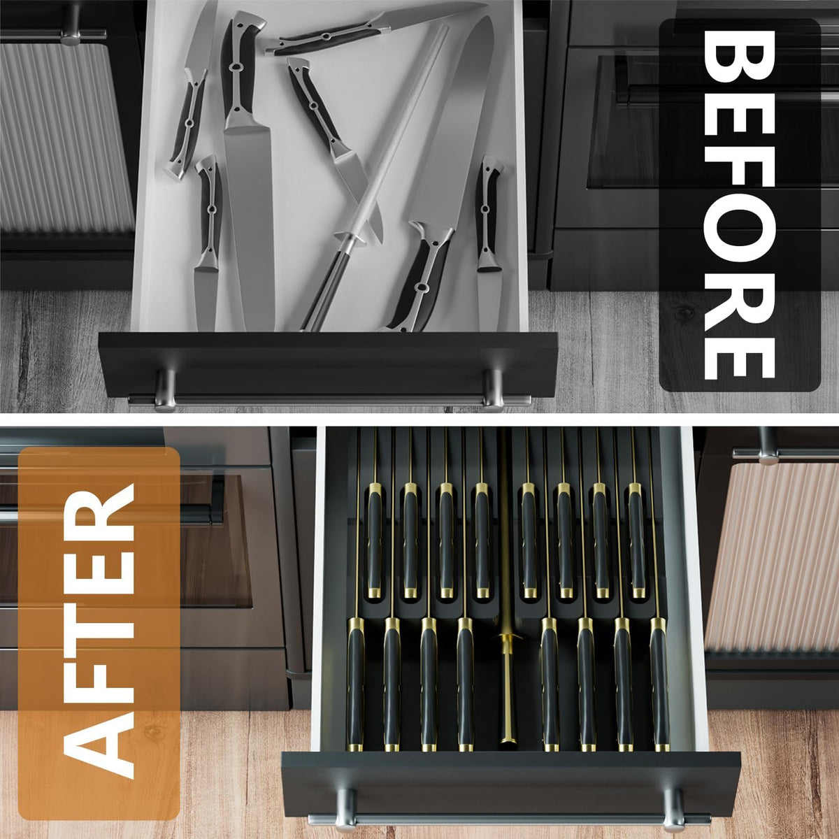 Domax Bamboo In-drawer Knife Block - Kitchen Knife Drawer Organizer Insert, K...