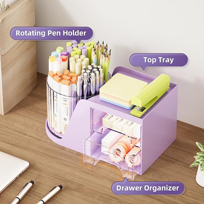 Marbrasse Desk Organizer with 2 Drawer, 360°Rotating Pen Holder, Desk - Image 2
