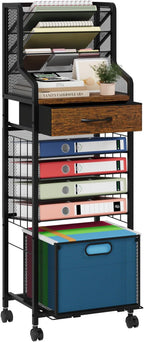 SWTYMIKI 10-Tier Rolling File Cart - Mesh Paper Organizer with Drawer & Hanging File Folders on Lockable Wheels, Rolling File Cabinet for Office Organization, Storage in Home, Studio, School, Espresso