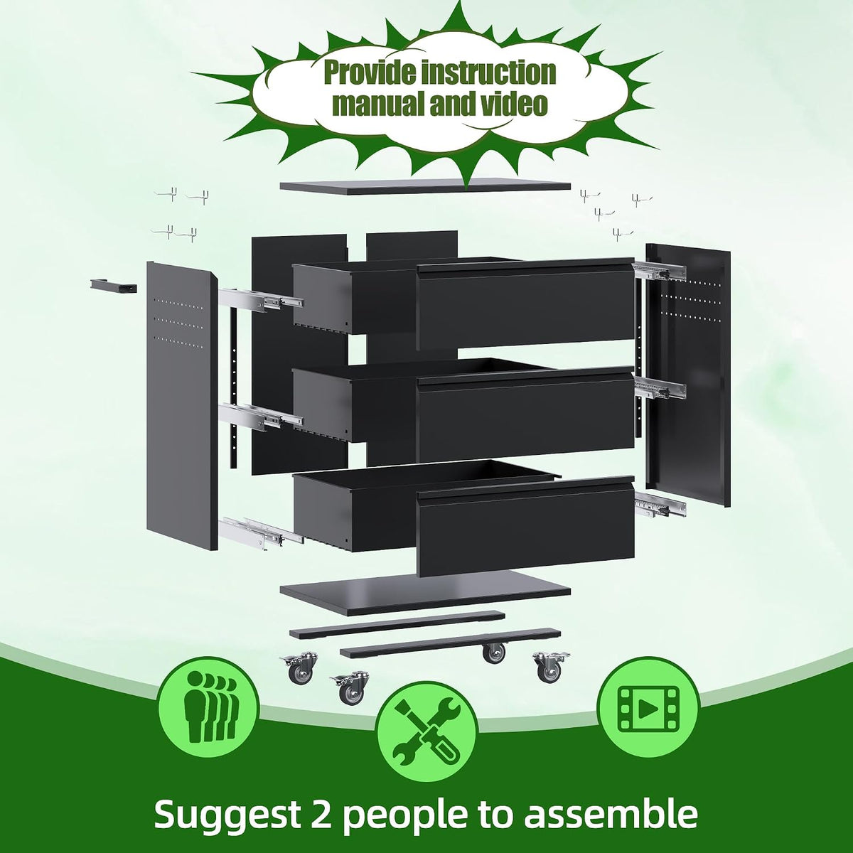 aobabo garage storage cabinet with 3 drawers and showing dimensions