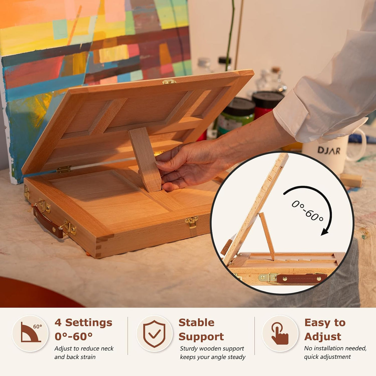 djar tabletop sketchbox art easel with storage & showing dimensions