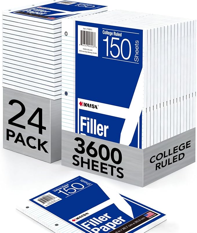 Kaisa Notebook Paper 24 Pack 8x10.5 3600 sheets College Ruled Loose Leaf Paper by KAISA