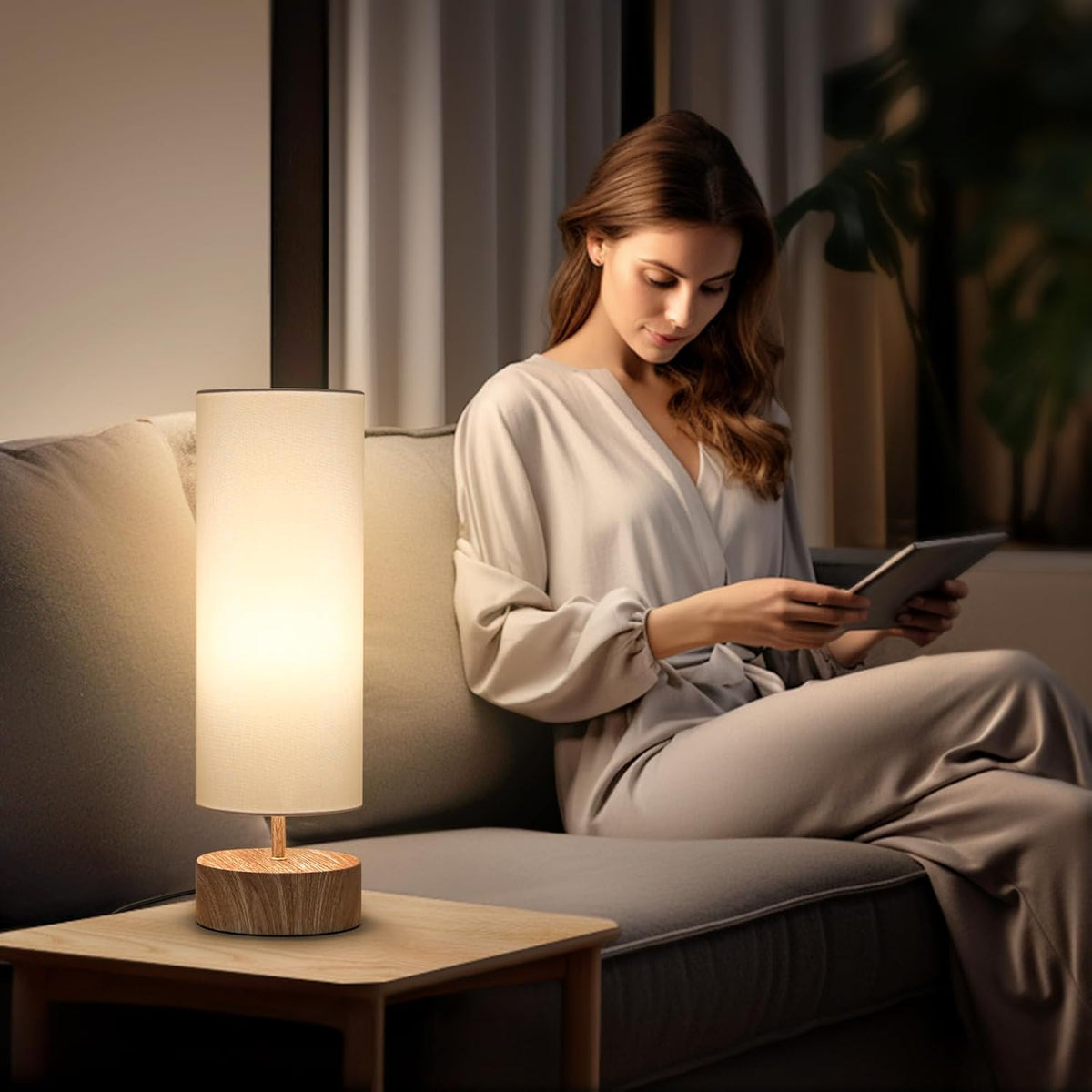 Touch Table Lamp with Wood Grain Metal Base, 3 Way Dimmable Bedside Lamp