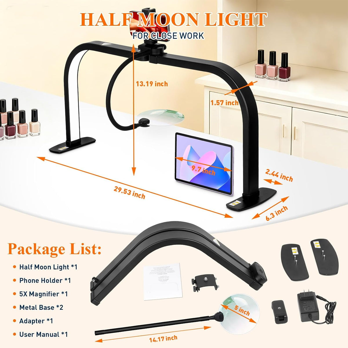 Half Moon Nail Light for Desk with 5X Magnifier & Phone Holder