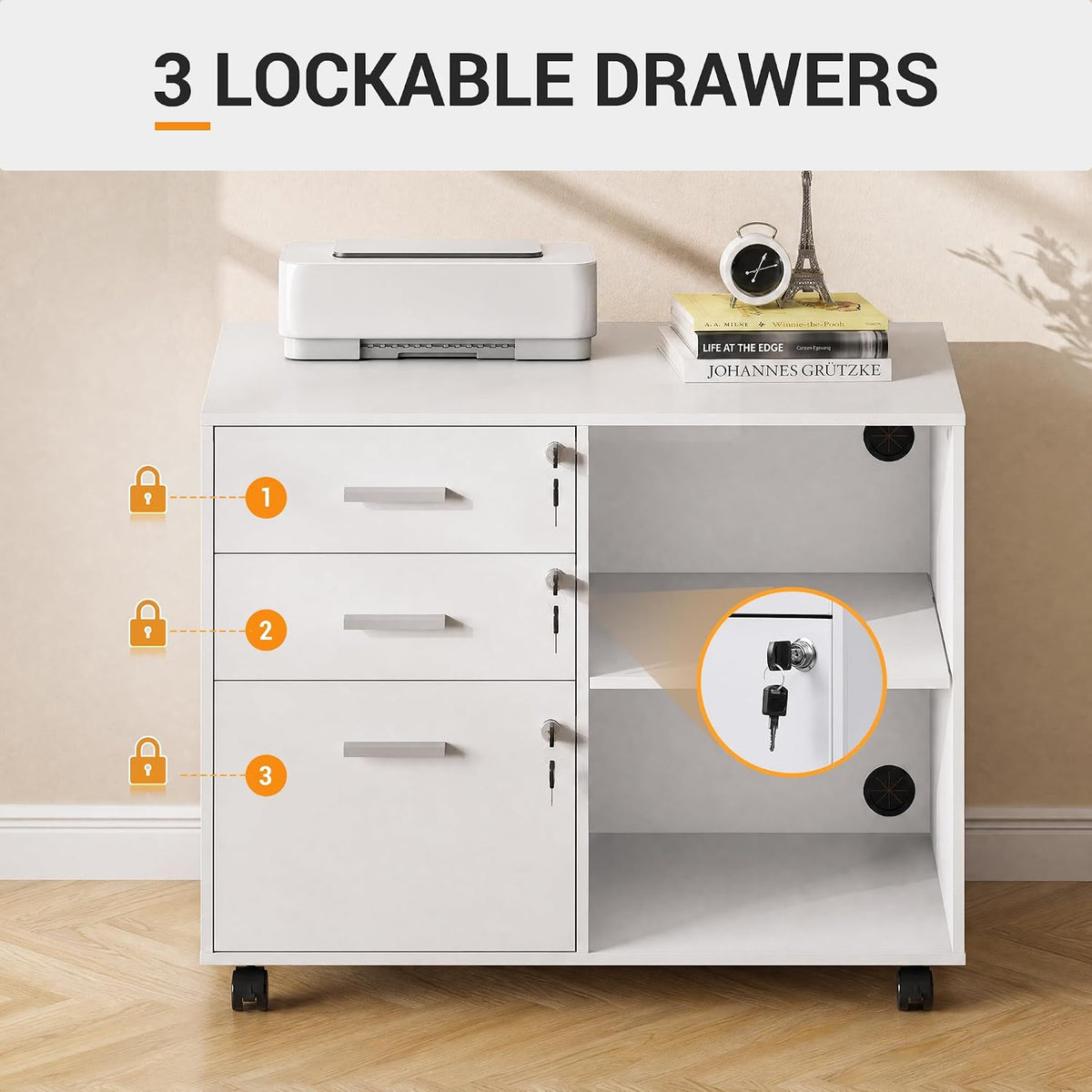 devaise 3-drawer file cabinet with lock, mobile wood showing dimensions