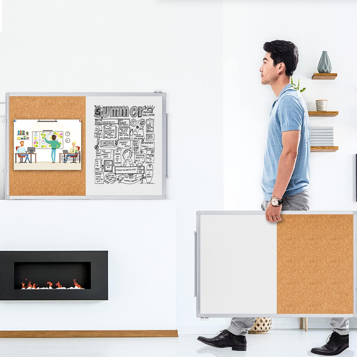 Magnetic White Board and Cork Board Combo 36" x 24" Aluminum Frame