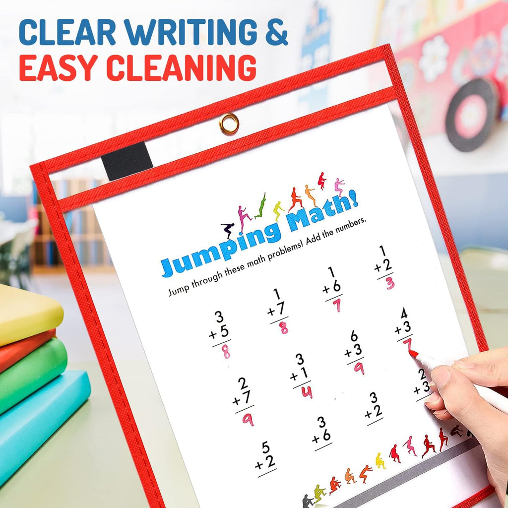 Dry Erase Pockets 30 Pack, 10" x 13" Reusable Pocket Sleeves | Heavy-duty clear pocket sleeves fit 10 x 13 for classroom worksheets, homeschool, quickly wipe to a flawless clean