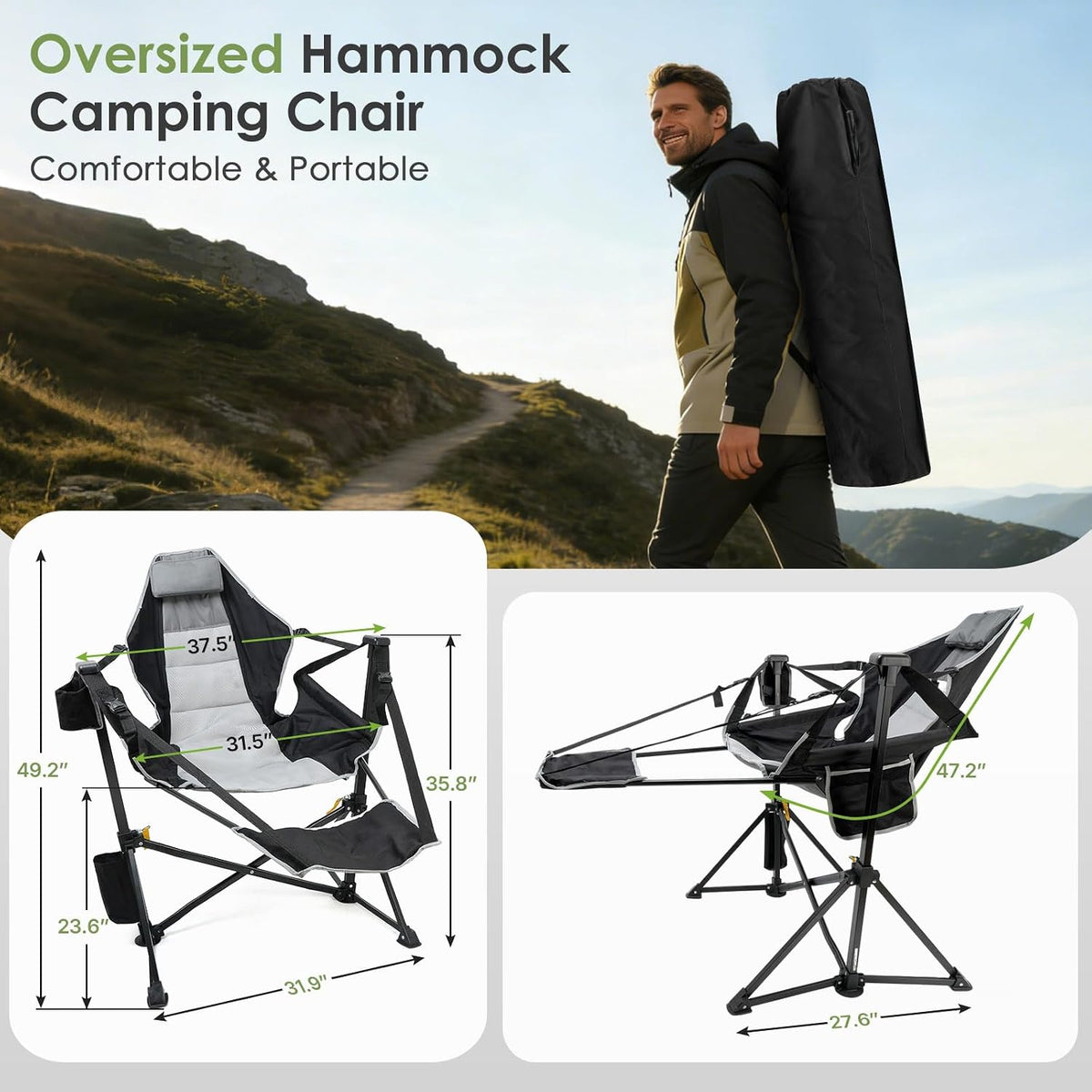 Suteck Hammock Camping Chair with Footrest,500LBS Oversized Swinging Chairs