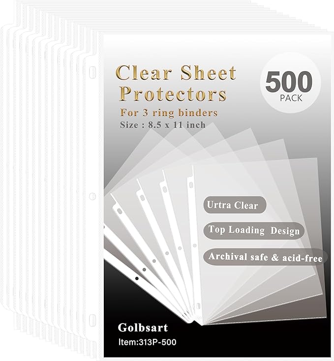 Clear Sheet Protectors for 3 Ring Binder, 500 Pack Plastic Sleeves for Paper by Golbsart