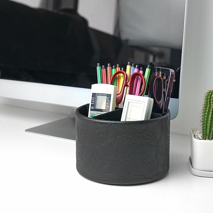 Hennaja Round Leather Art Supply Organizer, Remote Control Holder, 360 Degree - Image 7