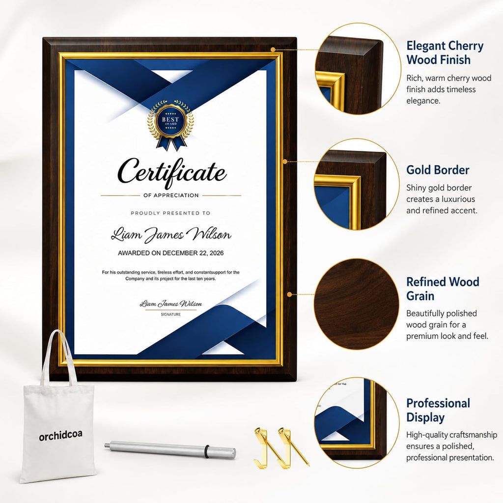 Certificate Plaque Award 8.5 x 11" Cherry Wood Grain, Gold Border | Slide-in acrylic cover,10.5x13 in High density engineered wood, for awards, diplomas, volunteer gifts, family wall, School