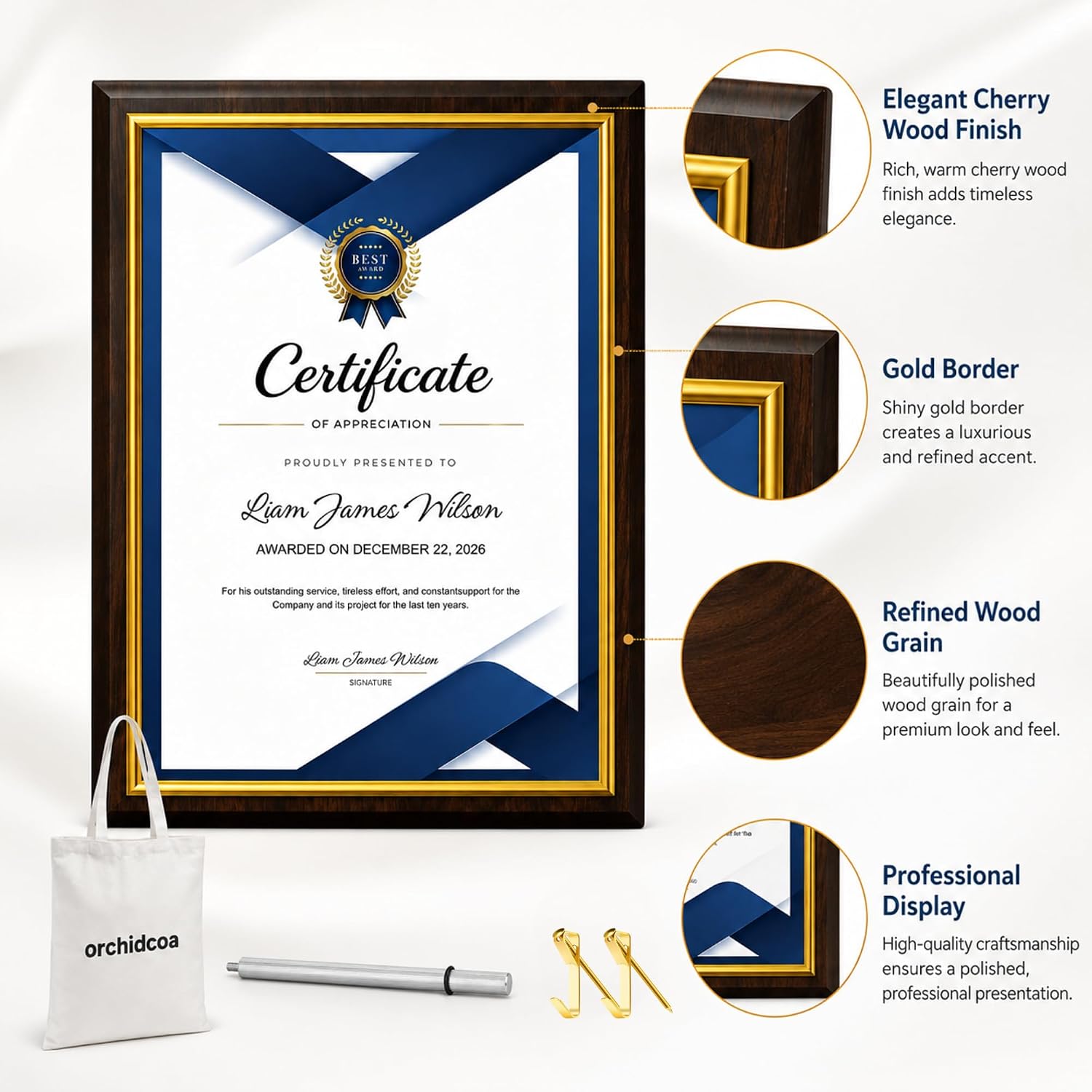 Certificate Plaque Award 8.5 x 11" Cherry Wood Grain, Gold Border | Slide-in acrylic cover,10.5x13 in High density engineered wood, for awards, diplomas, volunteer gifts, family wall, School