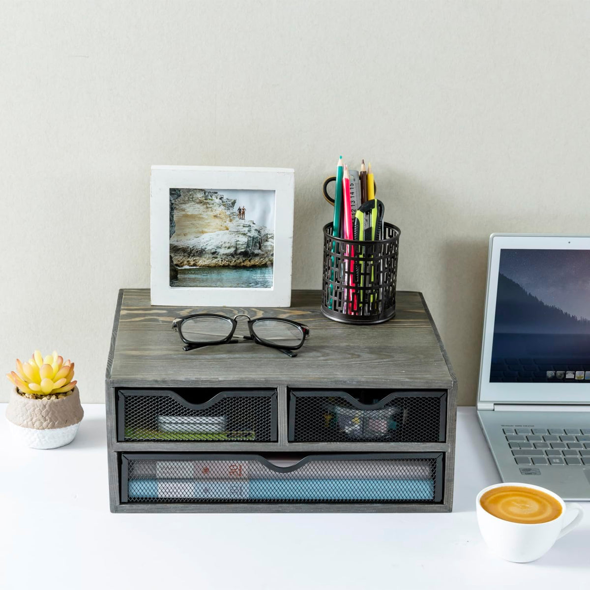 MyGift Vintage Weathered Gray Solid Wood Desktop Organizer Box with 3 Removab...