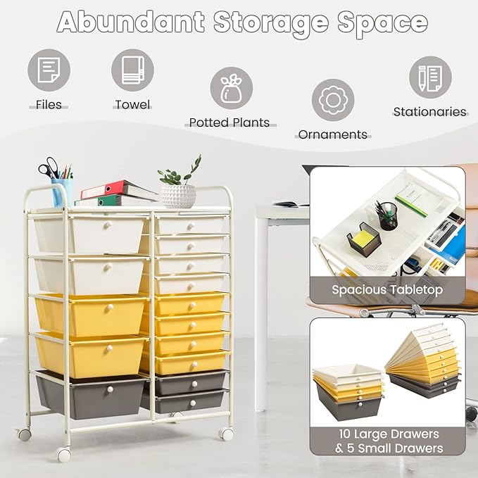 COSTWAY 15 Drawer Rolling Storage Cart, Utility Tools Paper Organizer on Wheels - Image 4