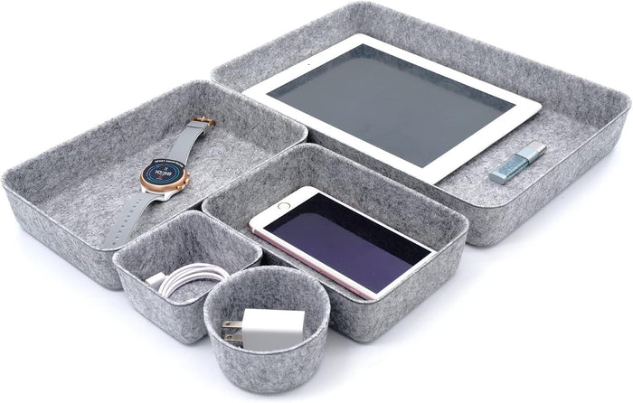 WELAXY Office Desk Drawer Organizer Trays Felt Storage Bins Paper Letter Trays Document File Papers Magazines Sorter Organizing Box Round 5 piece(Gray)