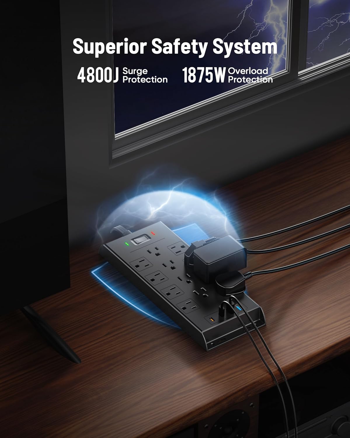 Surge Protector Power Strip 4800J, LeZone 25Ft Long Extension Cord Flat Plug,...