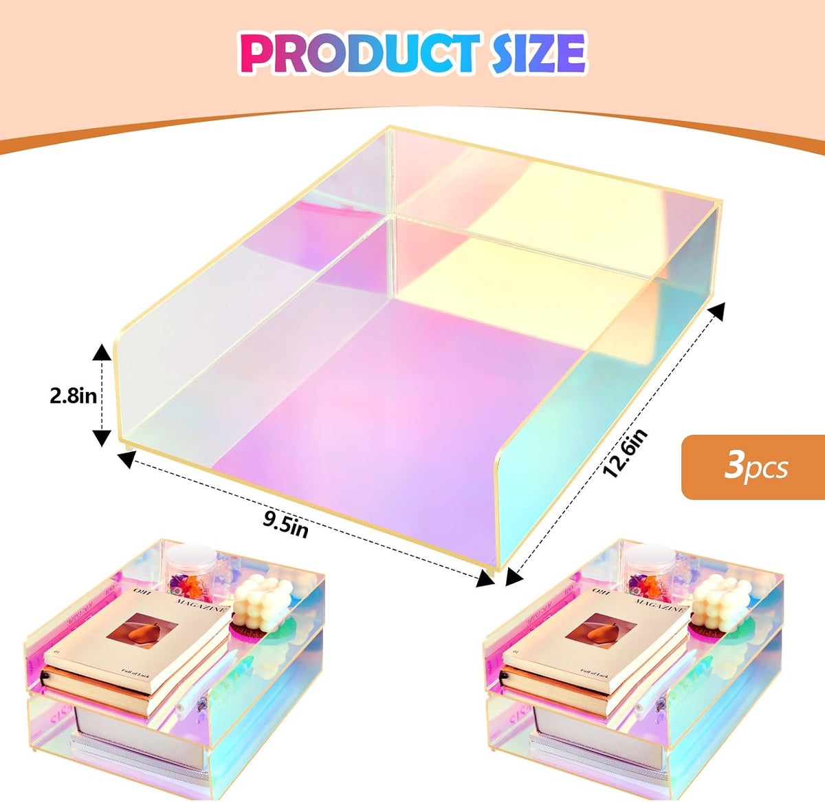 Suzile 3 Pcs Iridescent Acrylic Letter Organizer 12.6 x 9.5 x 2.8 Inches Stac...