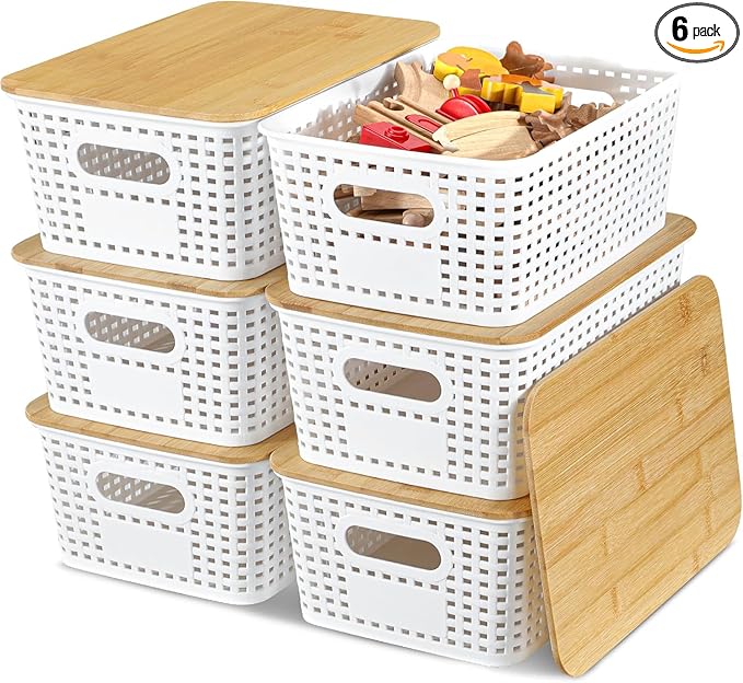 6 Pack Storage Bins with Bamboo Lids, Plastic Storage Baskets and Storage by EasyCozyHomey